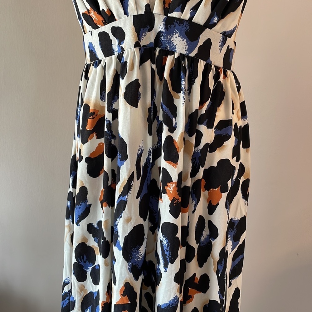 SHEIN all over print long FULL skirt dress criss cross open back DEEP V front 10 - Picture 8 of 15